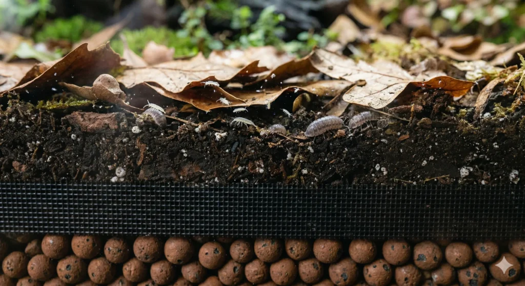 A macro cross-section of terrarium substrate showing LECA drainage balls, mesh barrier, and rich bioactive soil.
