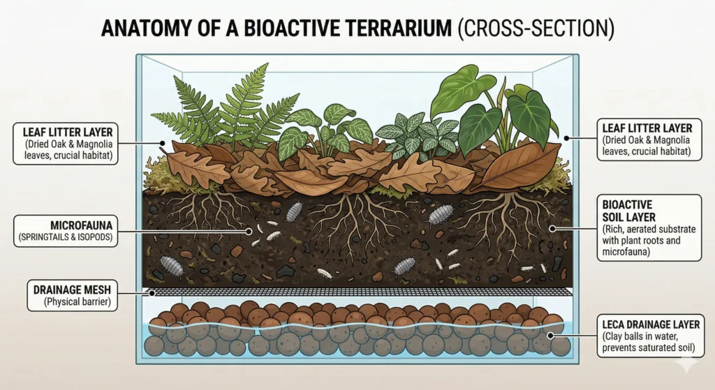 A cross-section diagram showing the drainage layer, mesh barrier, bioactive soil mix, and leaf litter top layer in a terrarium.