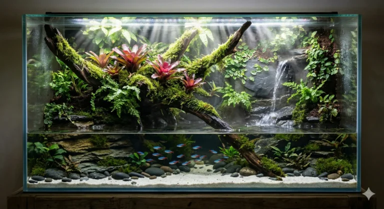 A beautifully aquascaped paludarium ecosystem featuring a perfect split of a lush terrestrial canopy and a clear aquatic zone.