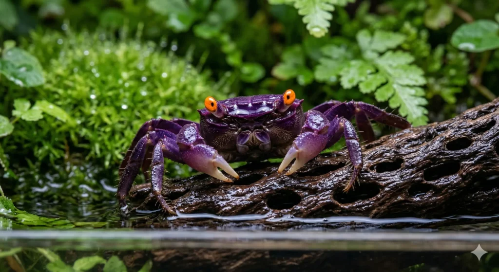 A vibrant purple and orange Vampire Crab sitting confidently on wet driftwood within a humid paludarium environment.