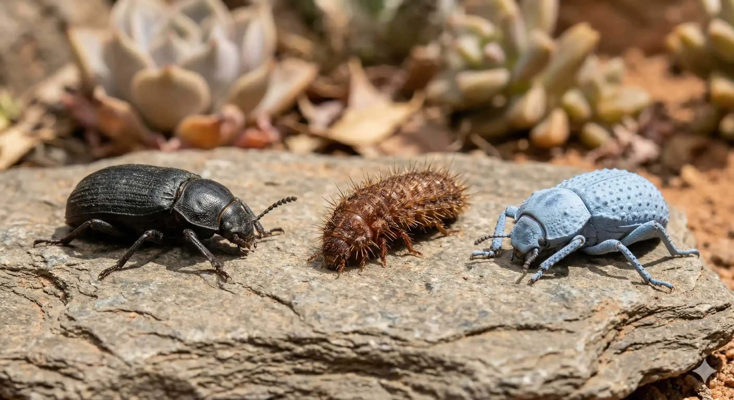A visual comparison of a Darkling beetle, a Dermestid beetle larva, and a Blue Death-Feigning beetle on slate rock.