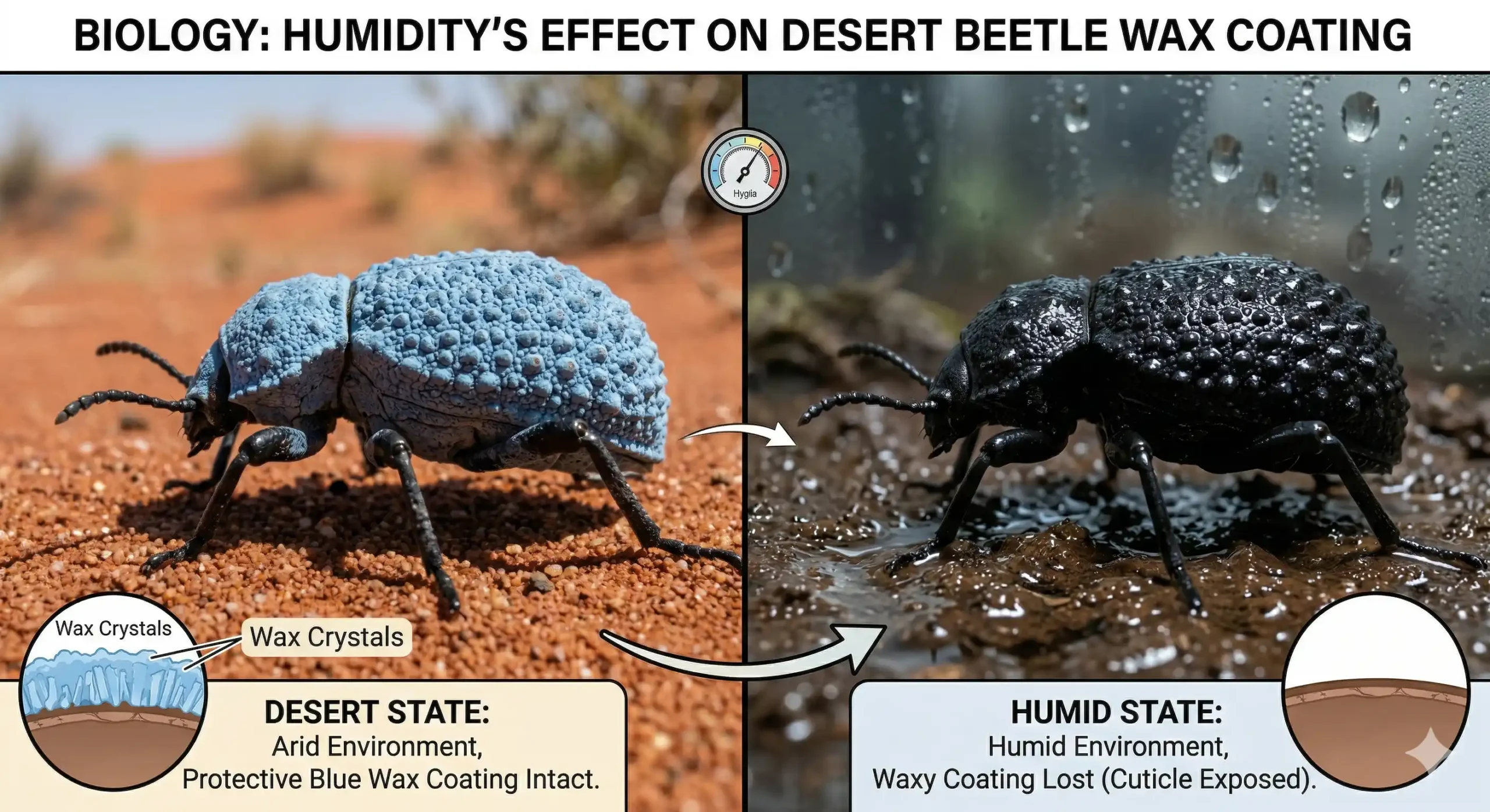 A comparison showing a blue beetle in dry conditions versus a black beetle in overly humid conditions.