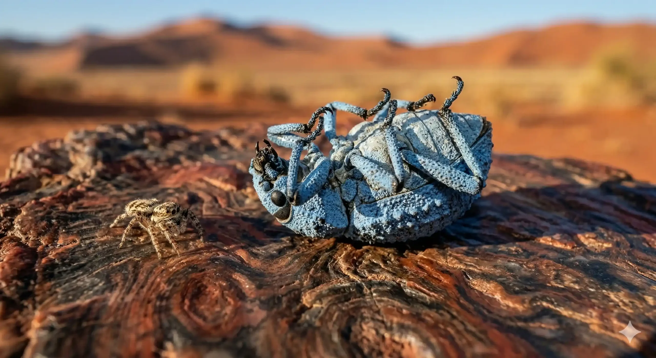 A Blue Death Feigning Beetle playing dead by lying on its back with rigid legs.