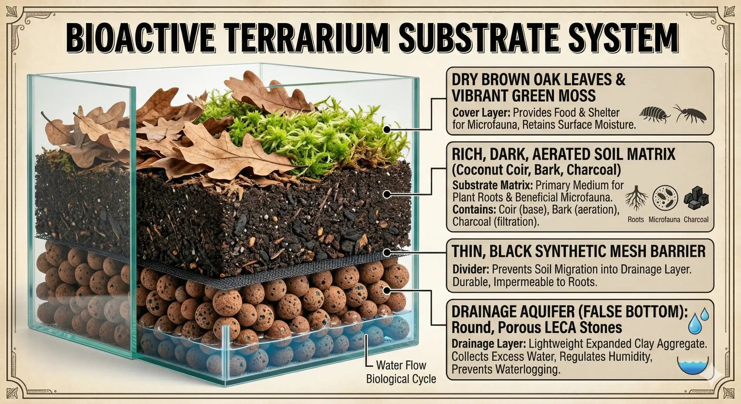 A cross-section diagram showing the LECA drainage layer, mesh barrier, and soil matrix in a bioactive terrarium.