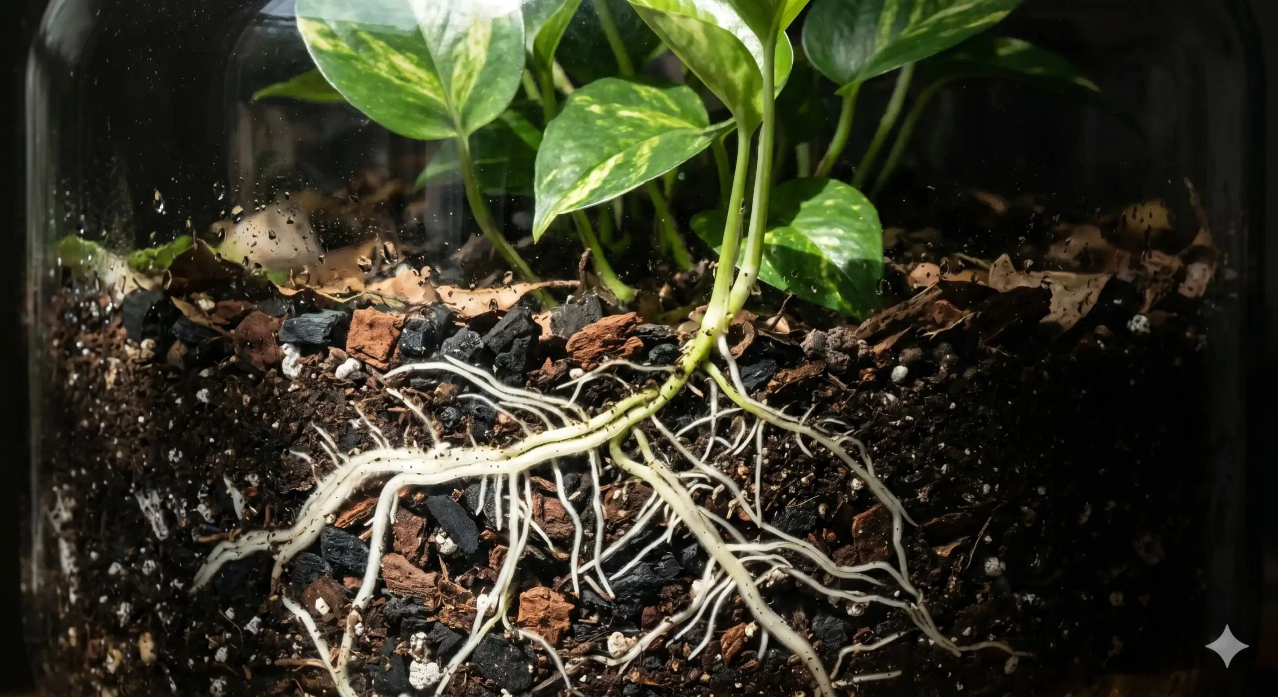 Healthy white plant roots spreading through dark terrarium soil, actively absorbing nitrates from the nitrogen cycle.