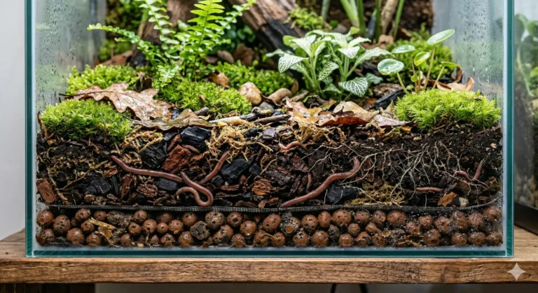 A cross-section of a healthy bioactive terrarium showing clear drainage layers, airy substrate, and strong plant roots.