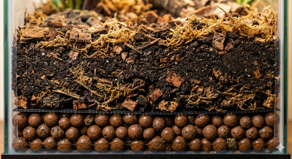 An instructional cross-section diagram of a terrarium showcasing the LECA drainage layer, a mesh screen barrier, and deep bioactive substrate layered directly above it.