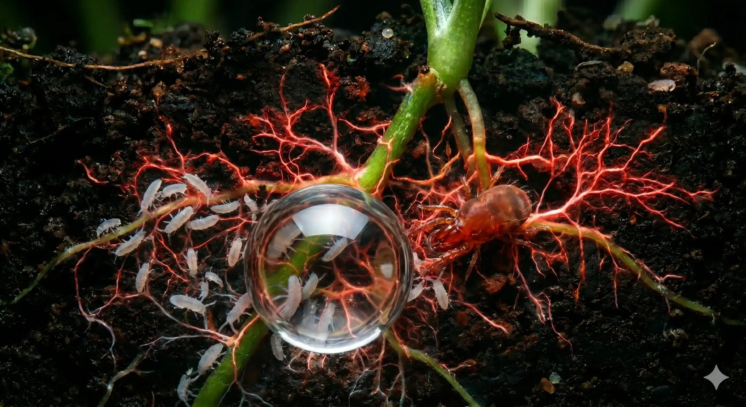A detailed microscopic view of mycorrhizal fungi networks connecting with plant roots in a bioactive terrarium soil substrate.