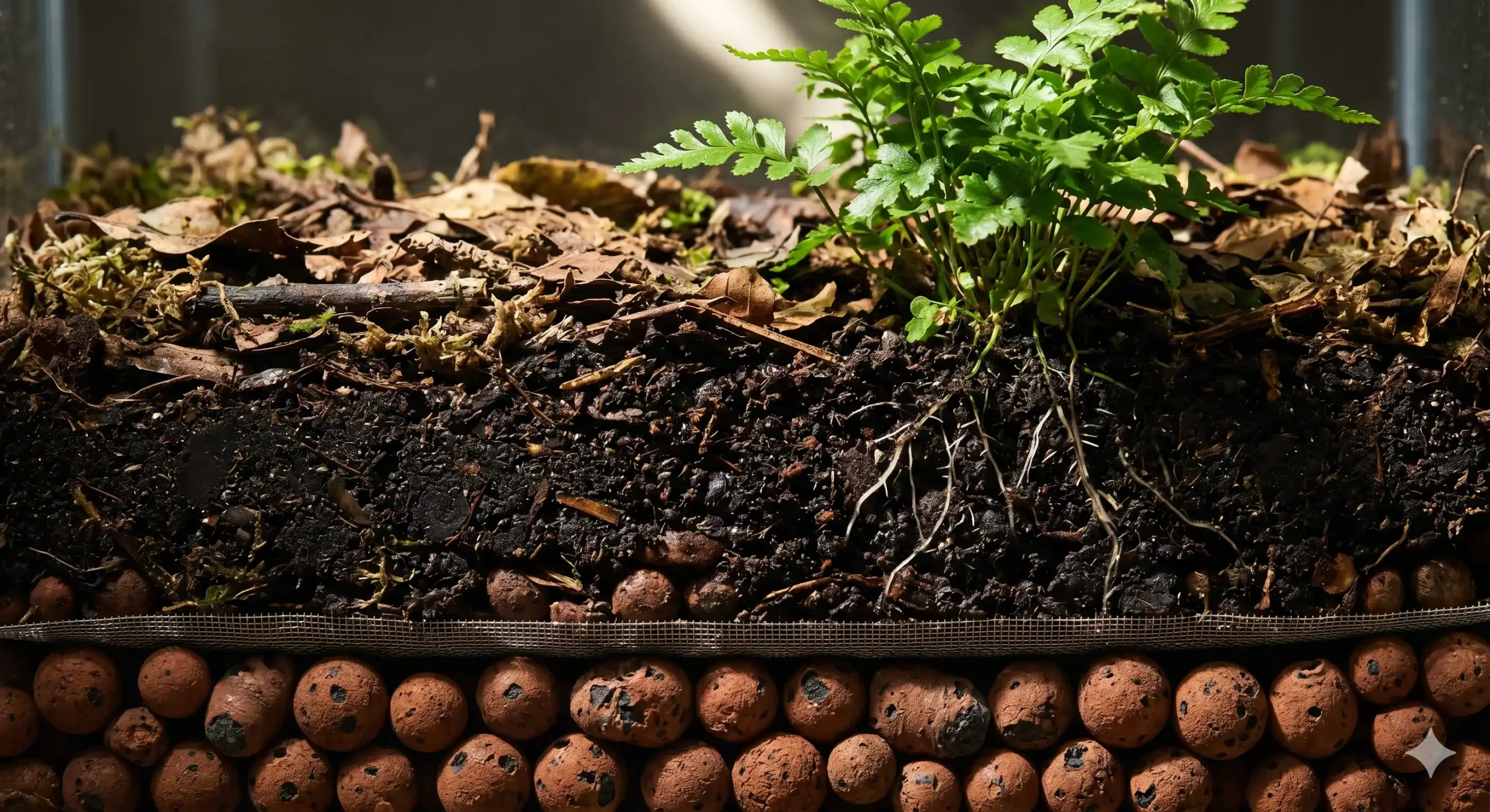 A cross-section view of a bioactive terrarium showing the drainage layer, mesh barrier, living soil, and live plants absorbing nitrates.