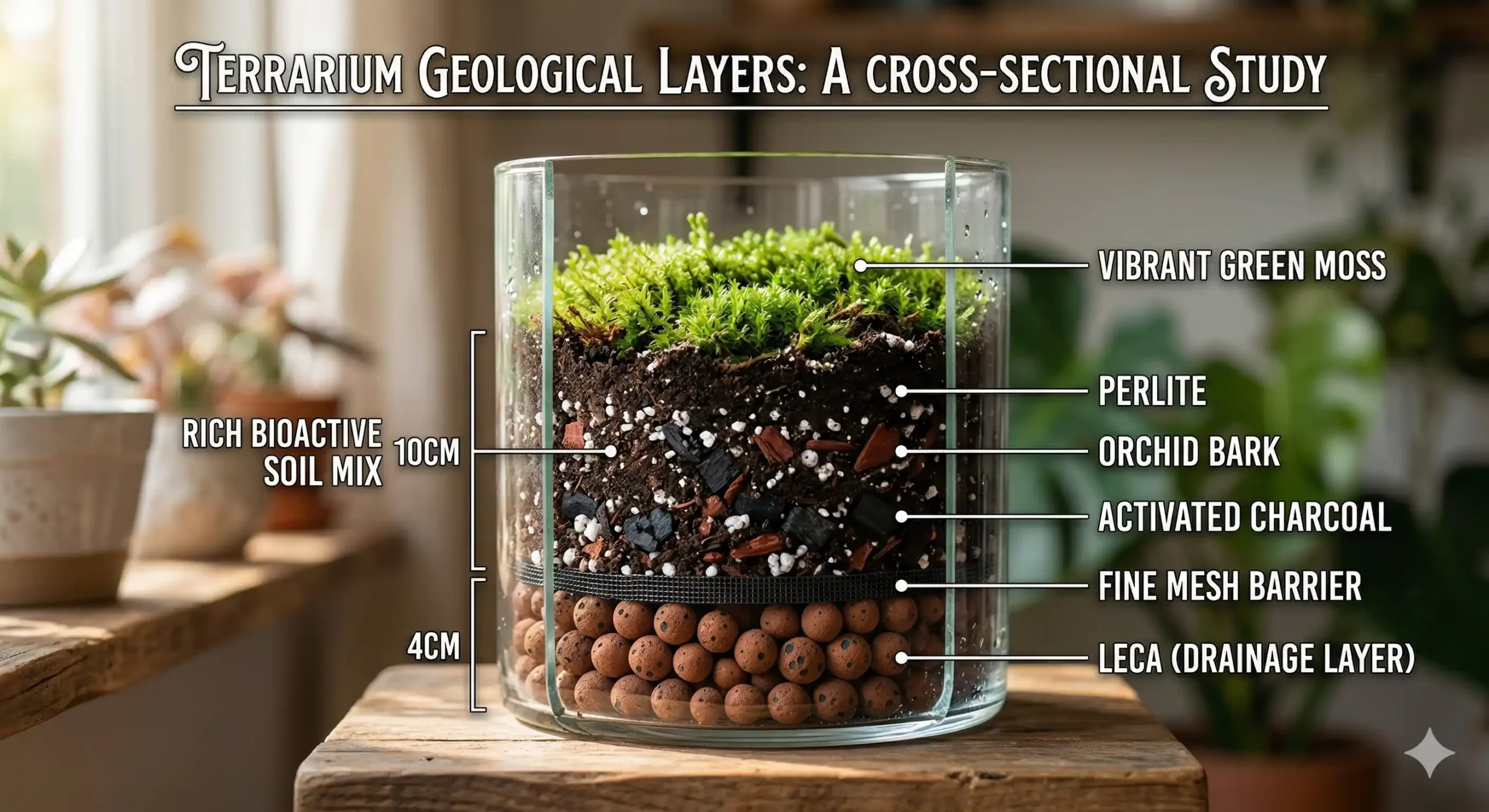 A cross-sectional view of a terrarium showing the distinct layers of LECA drainage, a mesh barrier, and rich bioactive soil.