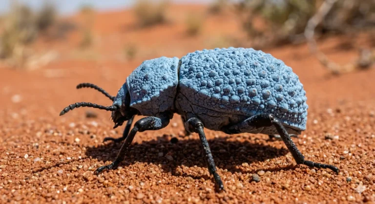 A macro photograph of a Blue Death Feigning Beetle walking on desert sand, showcasing its blue waxy coating.