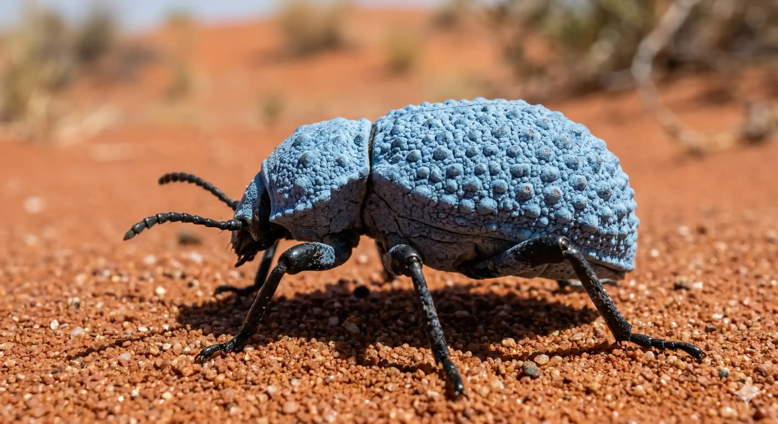 A macro photograph of a Blue Death Feigning Beetle walking on desert sand, showcasing its blue waxy coating.