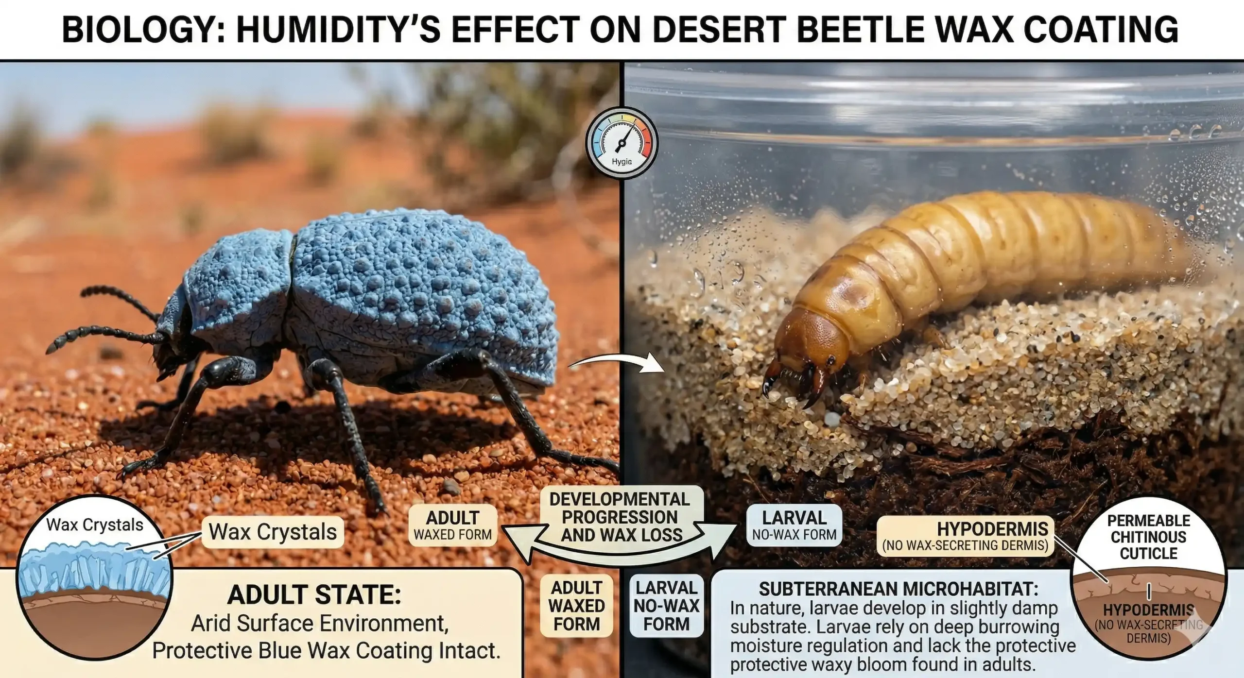 The larval stage of a Blue Death Feigning Beetle burrowing into a damp sand and coir substrate mix.