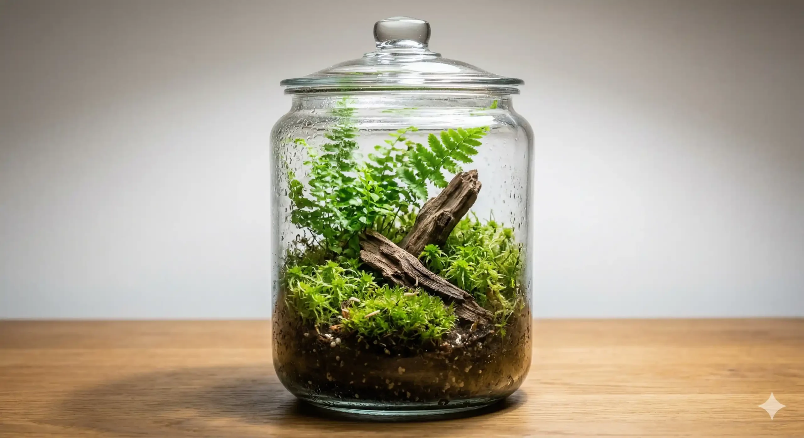 A beautiful closed glass terrarium featuring lush ferns, moss, and driftwood, demonstrating a balanced ecosystem.