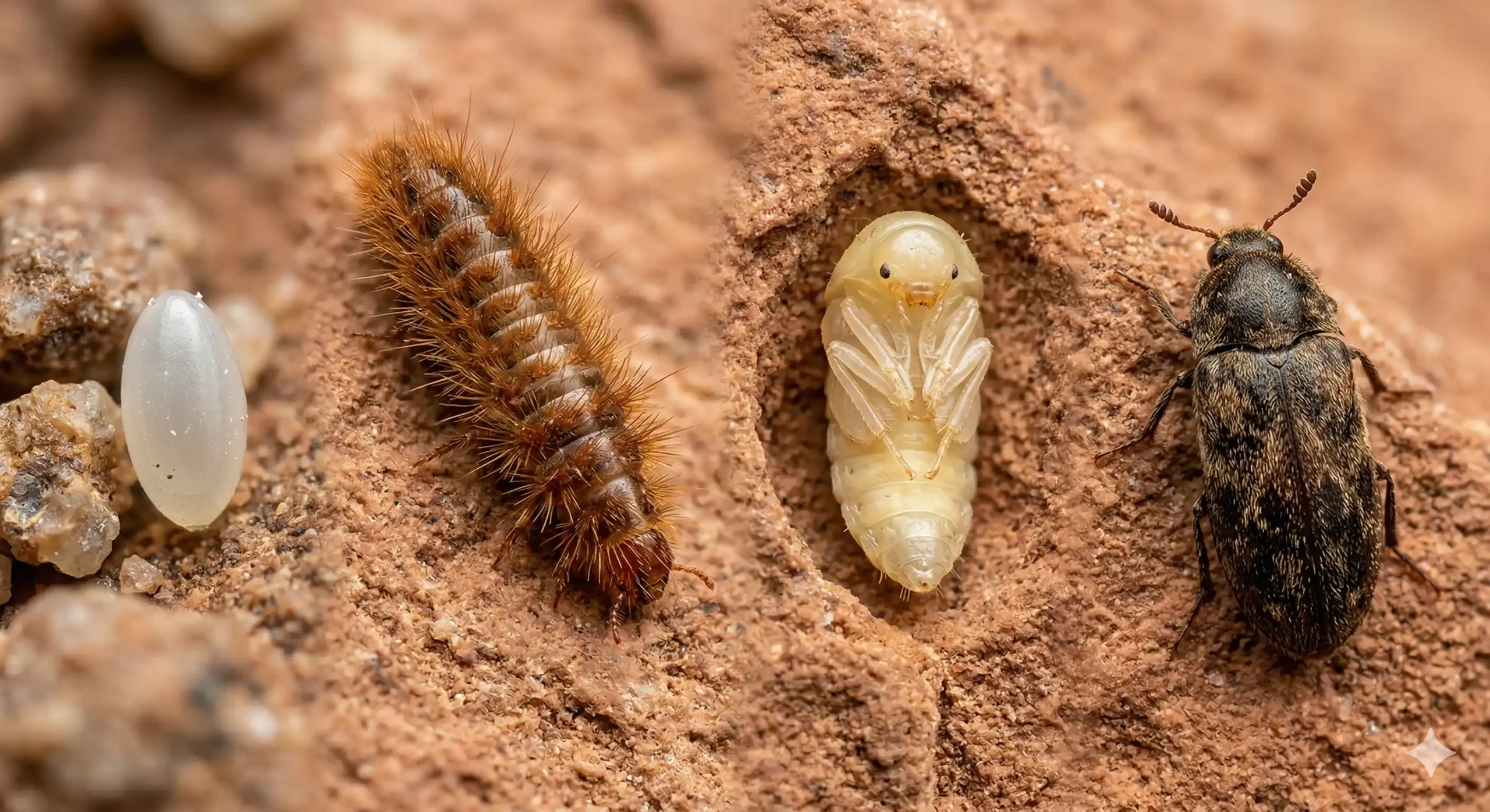 The four lifecycle stages of Dermestes maculatus: egg, hairy larva, pale pupa, and dark adult beetle.