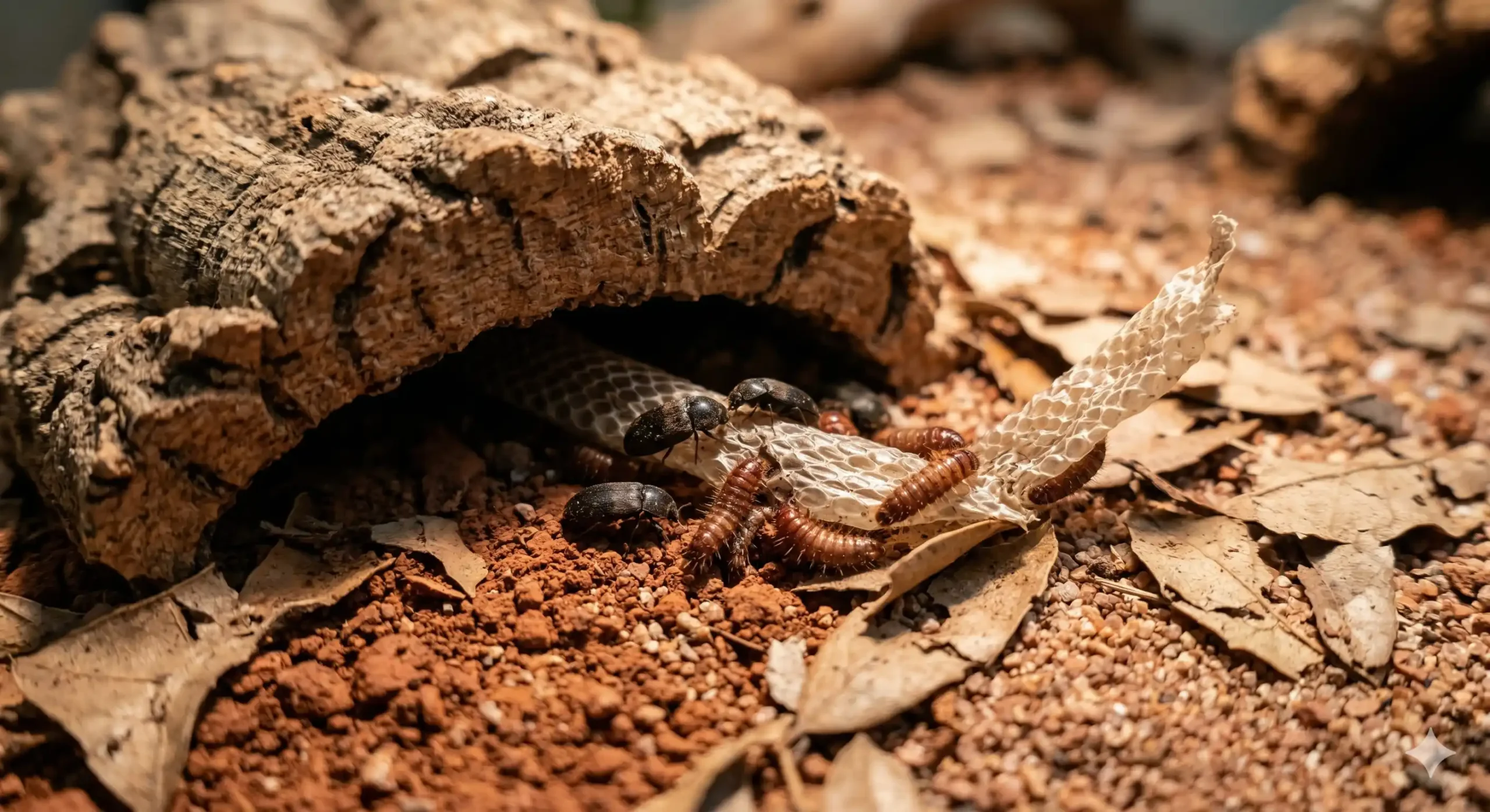 Dermestid beetles and larvae consuming shed reptile skin in a dry bioactive terrarium.