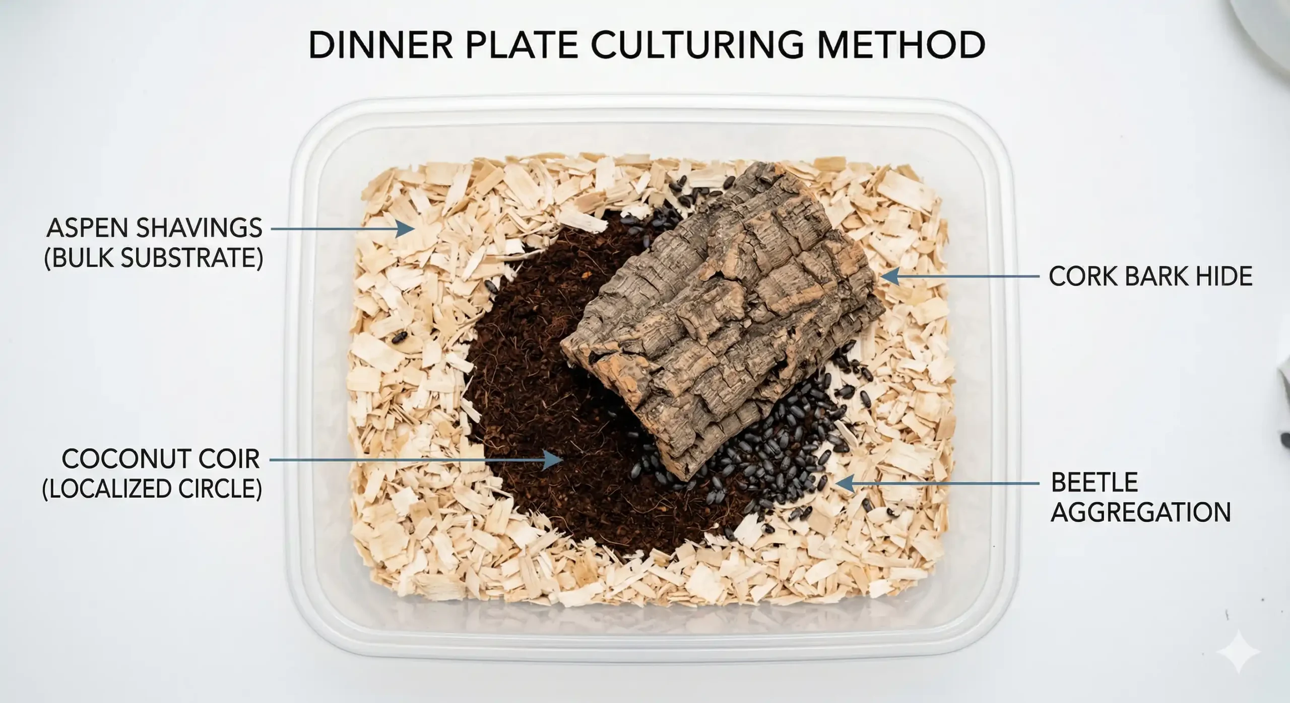 The dinner plate culturing method using cork bark and coconut coir over aspen bedding to breed Dermestid beetles.