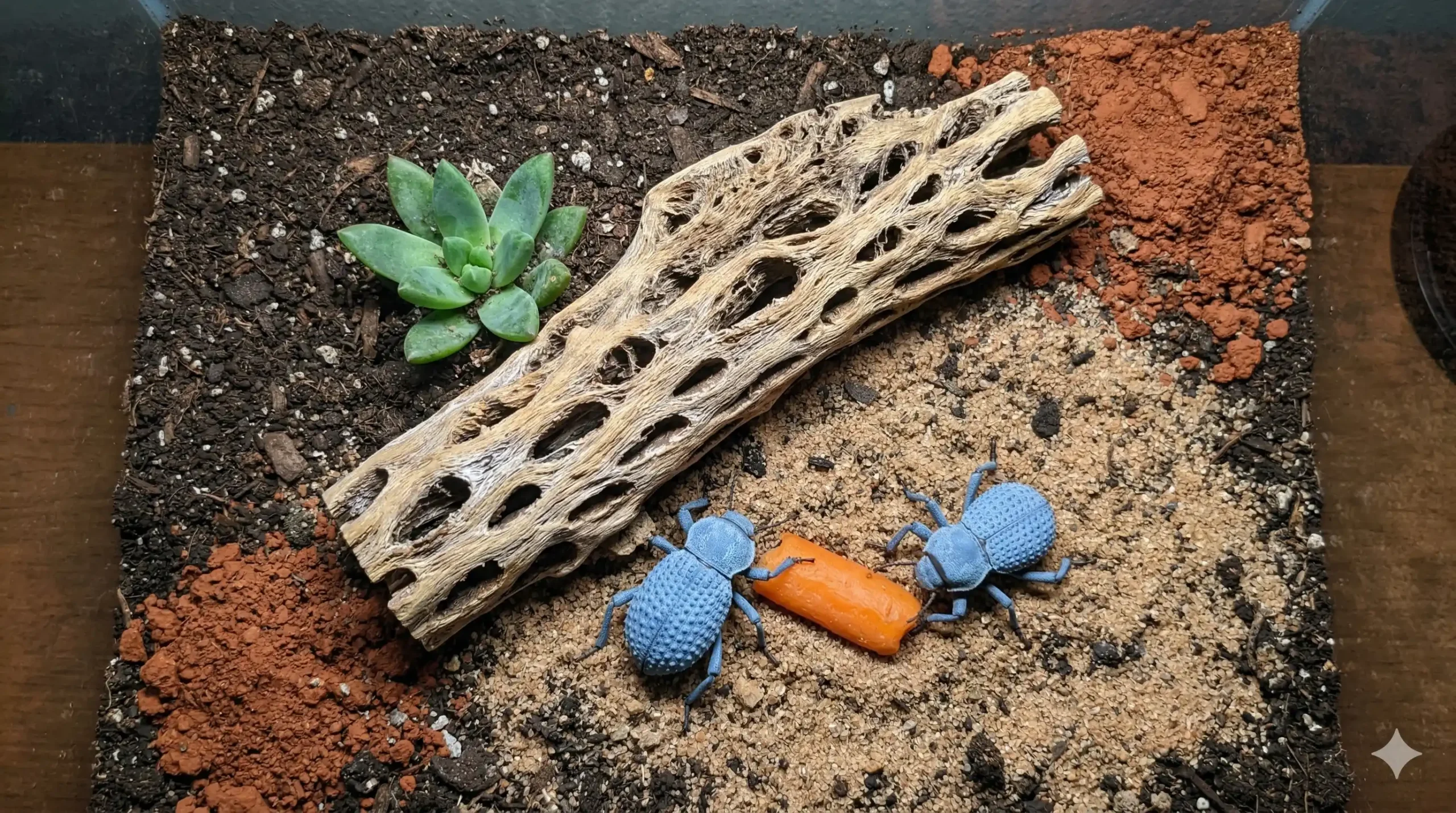 Two Blue Death Feigning Beetles foraging in an arid bioactive terrarium setup with cholla wood and a succulent.
