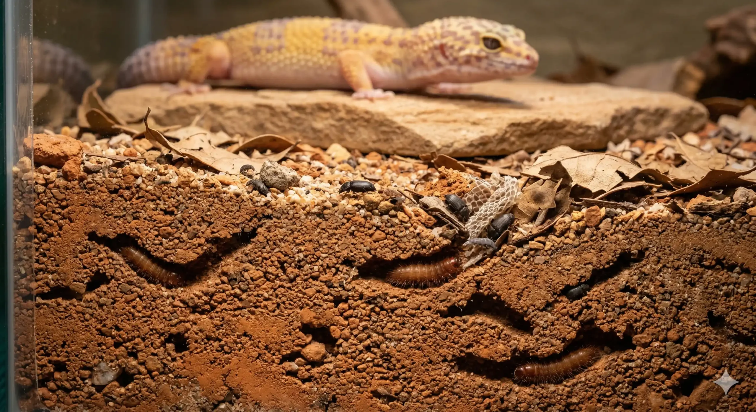 Dermestid beetle larvae tunneling through dry substrate safely beneath a resting Leopard Gecko.