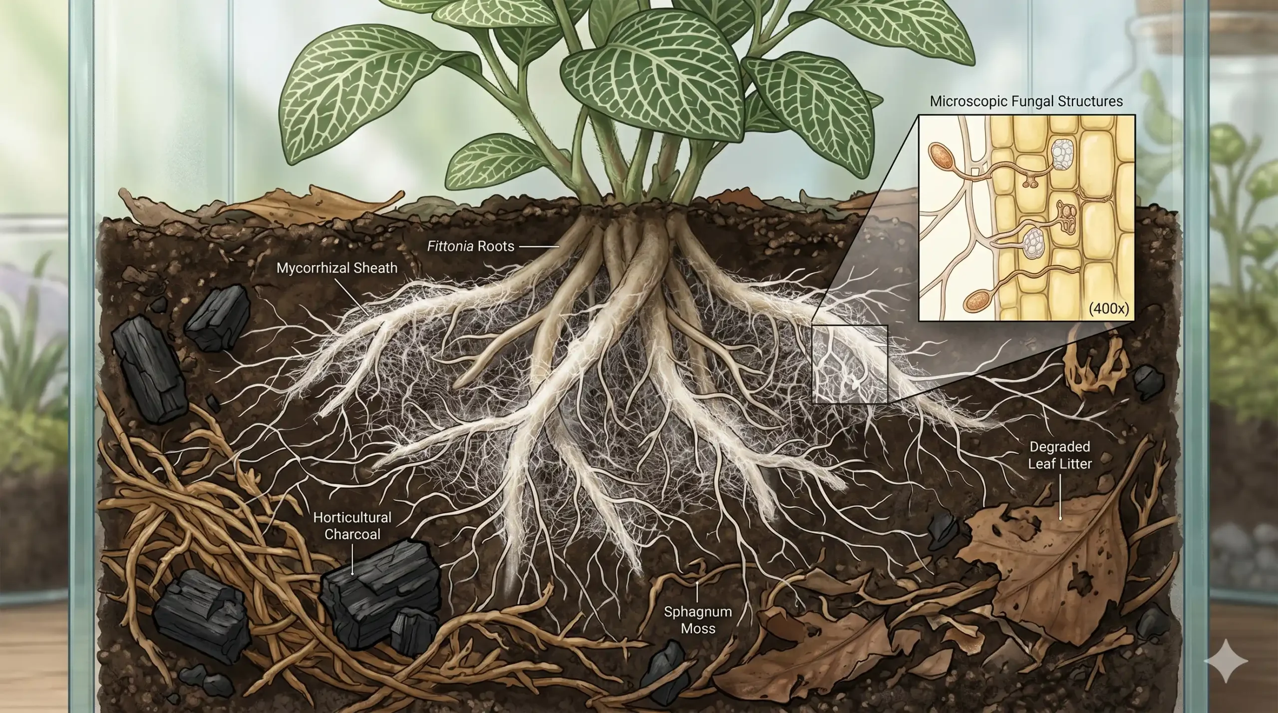 Healthy tropical plant roots colonized by beneficial mycorrhizal fungi in a terrarium substrate containing charcoal and moss.