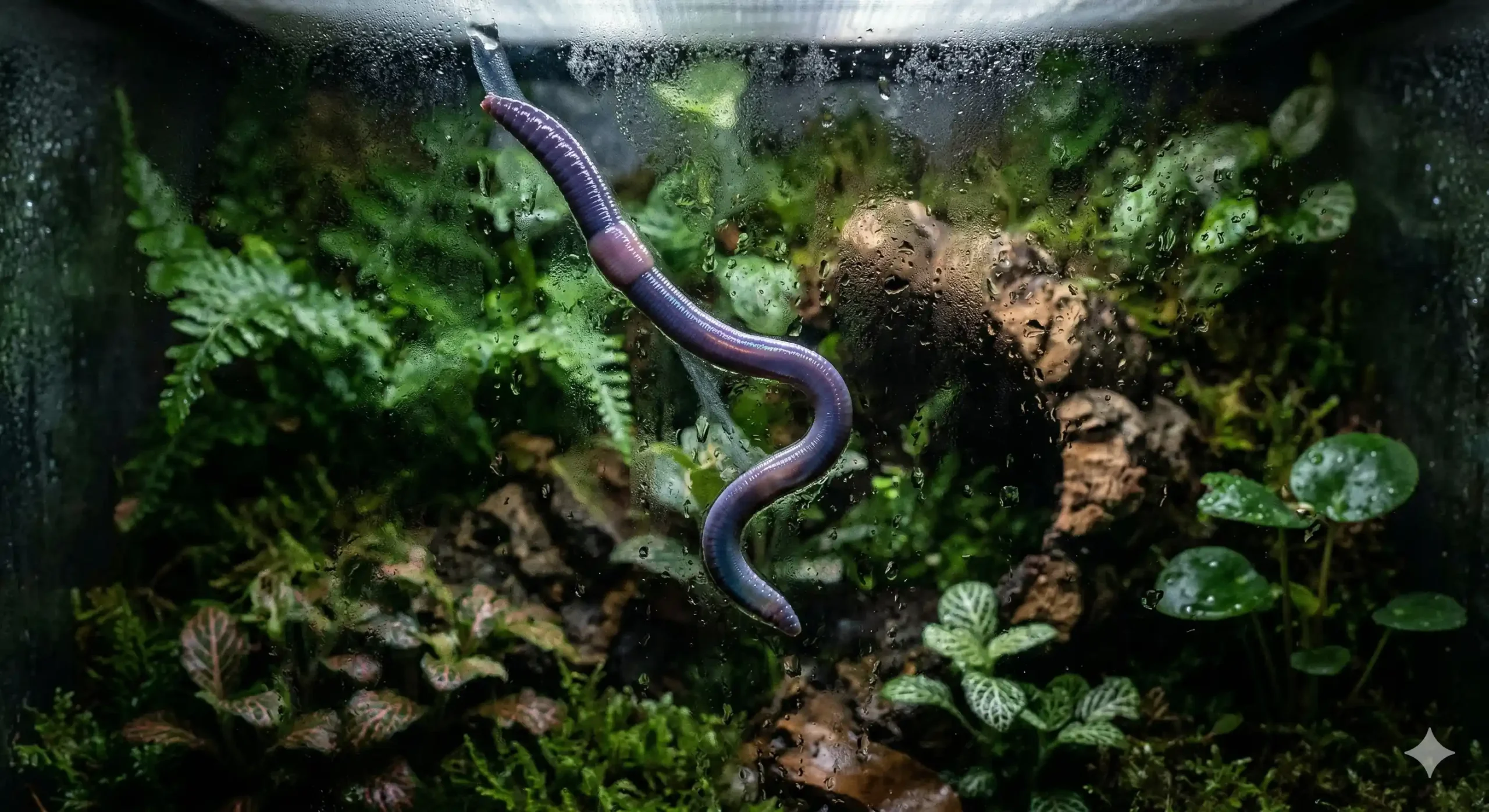 An Indian Blue worm climbing up the wet glass wall of a terrarium during a simulated pressure drop.