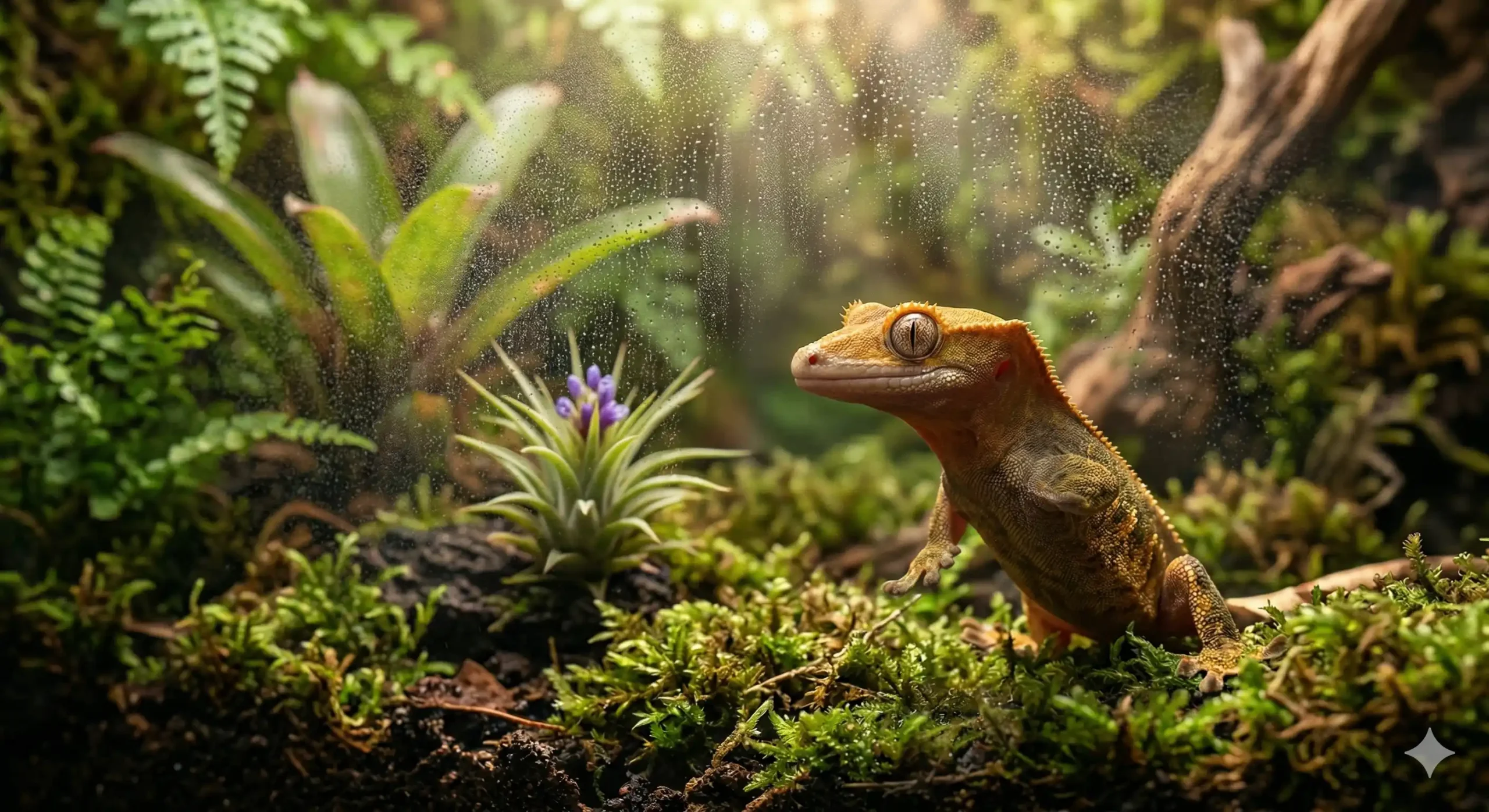 A crystal clear glass pane revealing a lush tropical bioactive terrarium with moss, ferns, and a crested gecko.