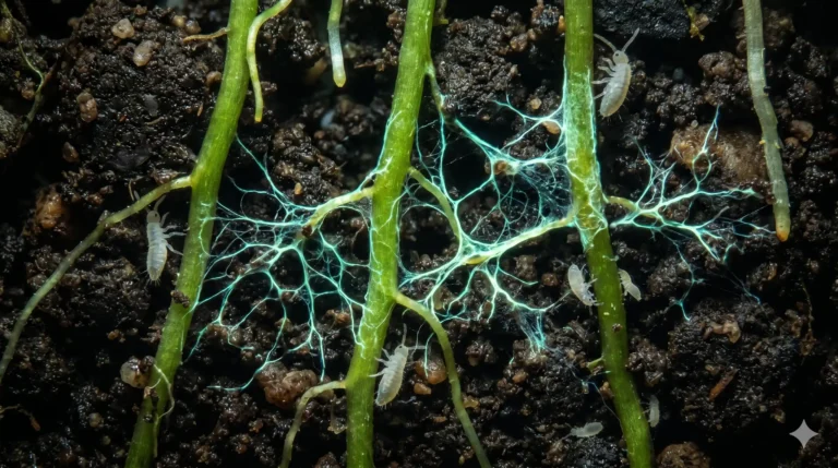 Tiny white springtails grazing on mold next to yellow saprophytic mushrooms on a piece of cork bark in a terrarium.