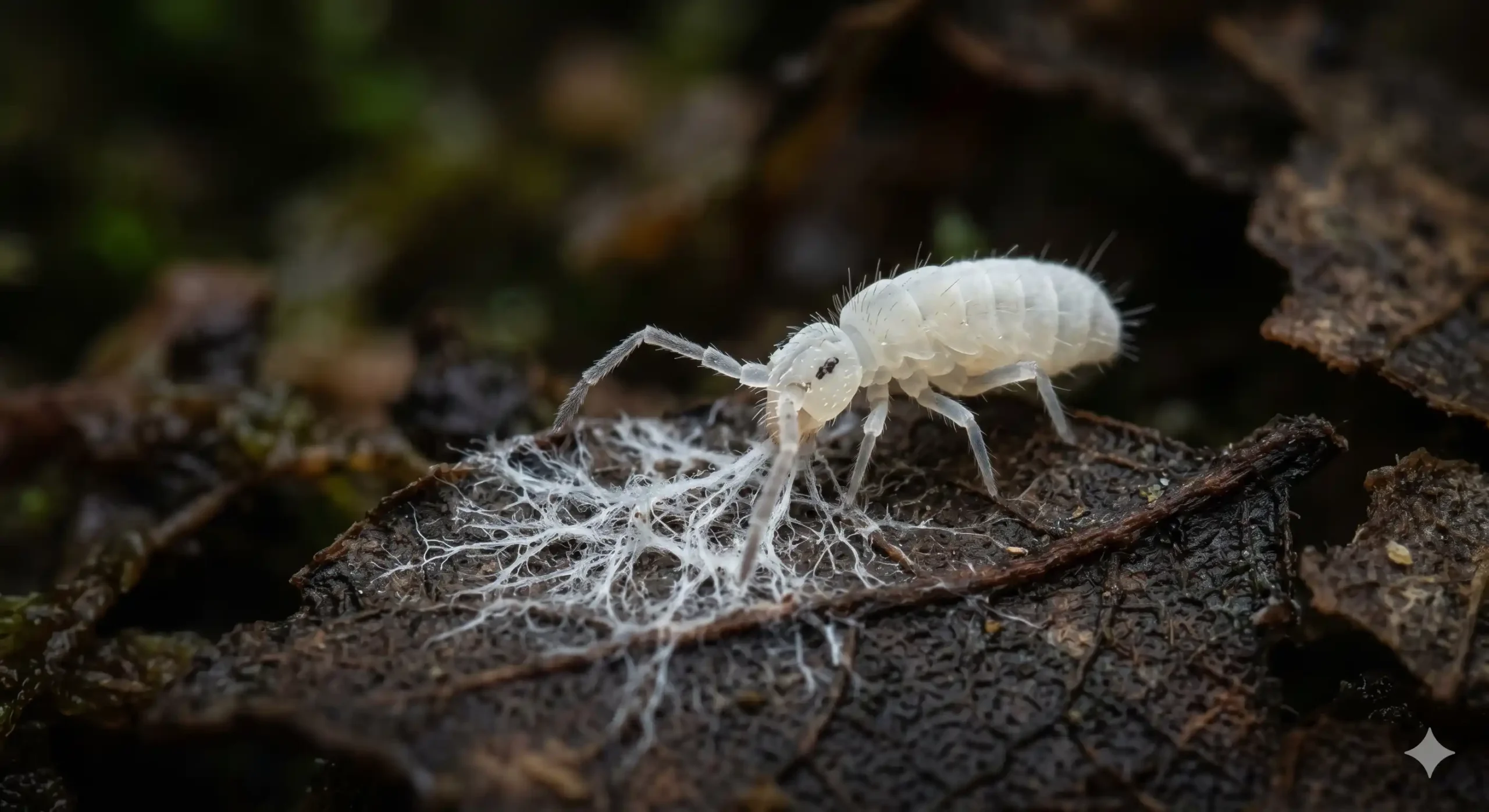 A microscopic view of a white springtail insect grazing on mold growing on a dead leaf inside a bioactive terrarium.