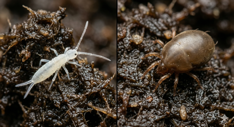 A macro comparison showing a six-legged springtail with antennae next to an eight-legged round soil mite on moist terrarium substrate.