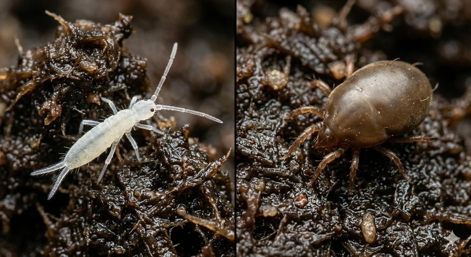 A macro comparison showing a six-legged springtail with antennae next to an eight-legged round soil mite on moist terrarium substrate.