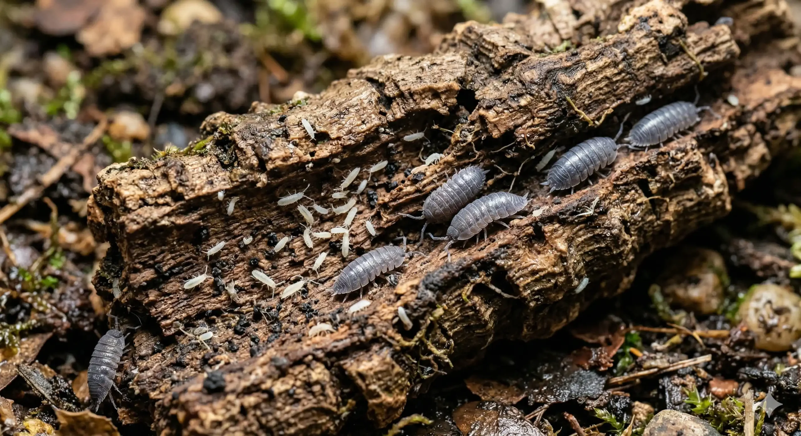 Tiny white springtails and grey isopods coexisting and feeding on a piece of decaying cork bark inside a terrarium.