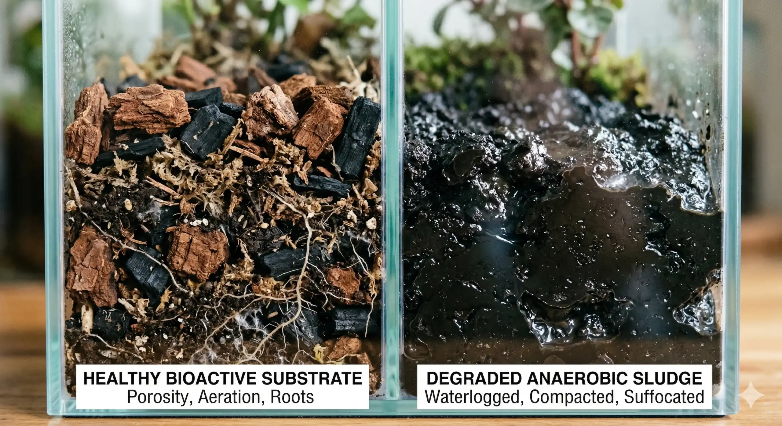 A side-by-side comparison showing healthy, airy terrarium substrate next to heavily compacted, muddy earthworm sludge.