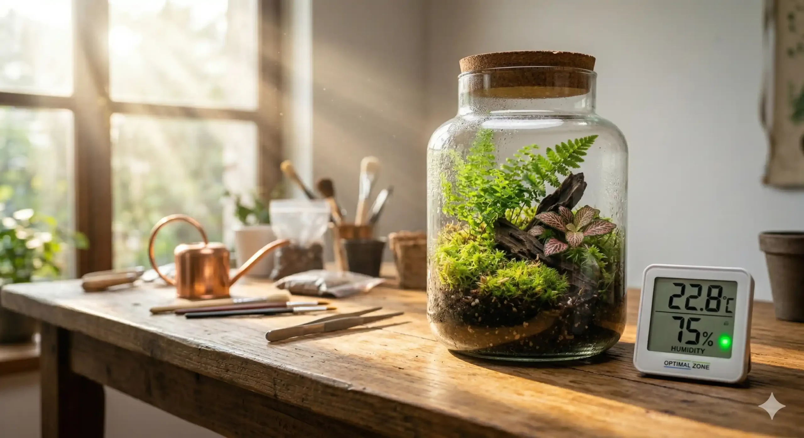 A closed terrarium placed safely in indirect light on a desk during summer, with a digital thermometer nearby monitoring the temperature.