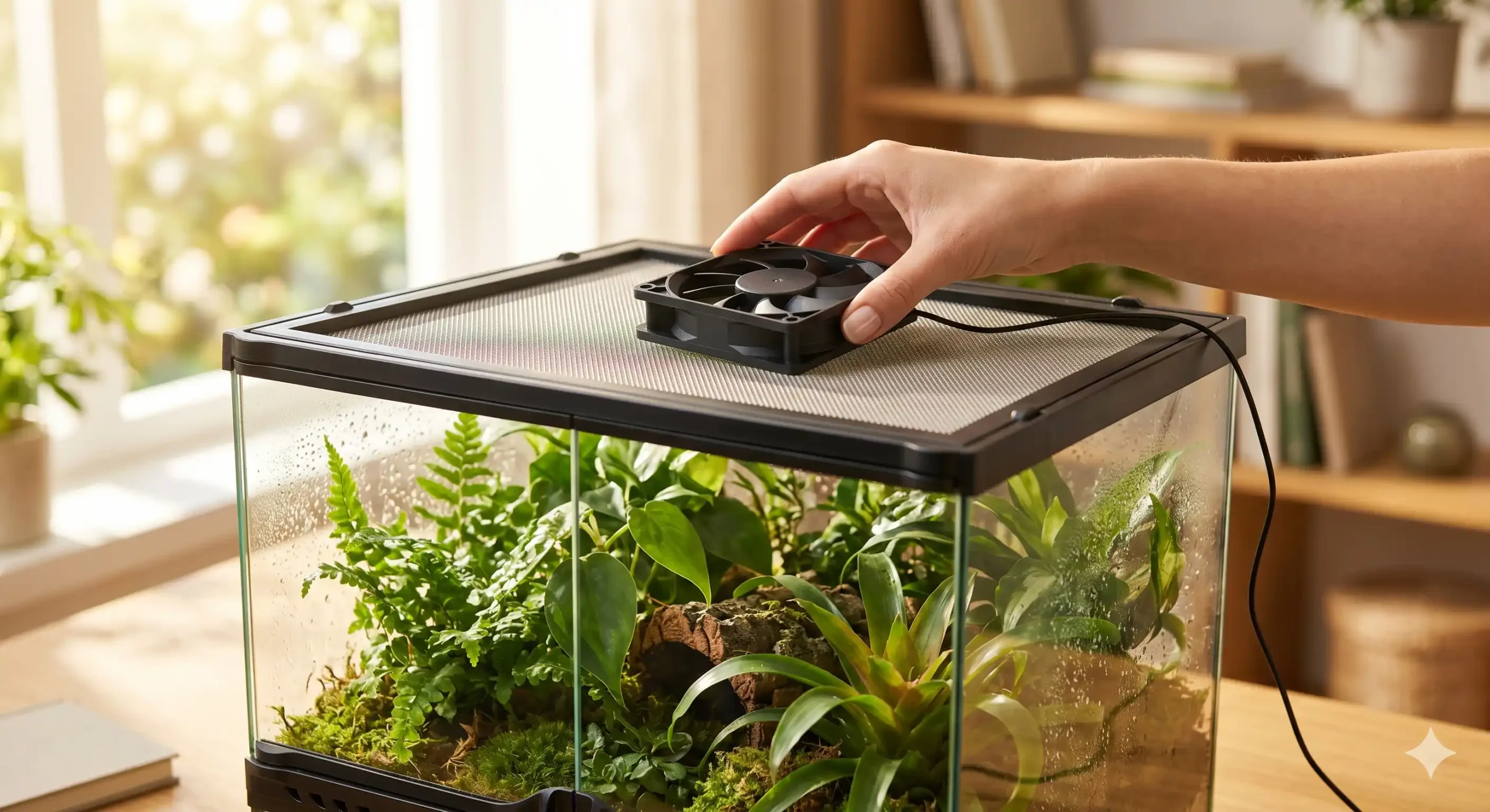 A keeper installing a small ventilation fan on top of a bioactive terrarium to manage heat during the summer.
