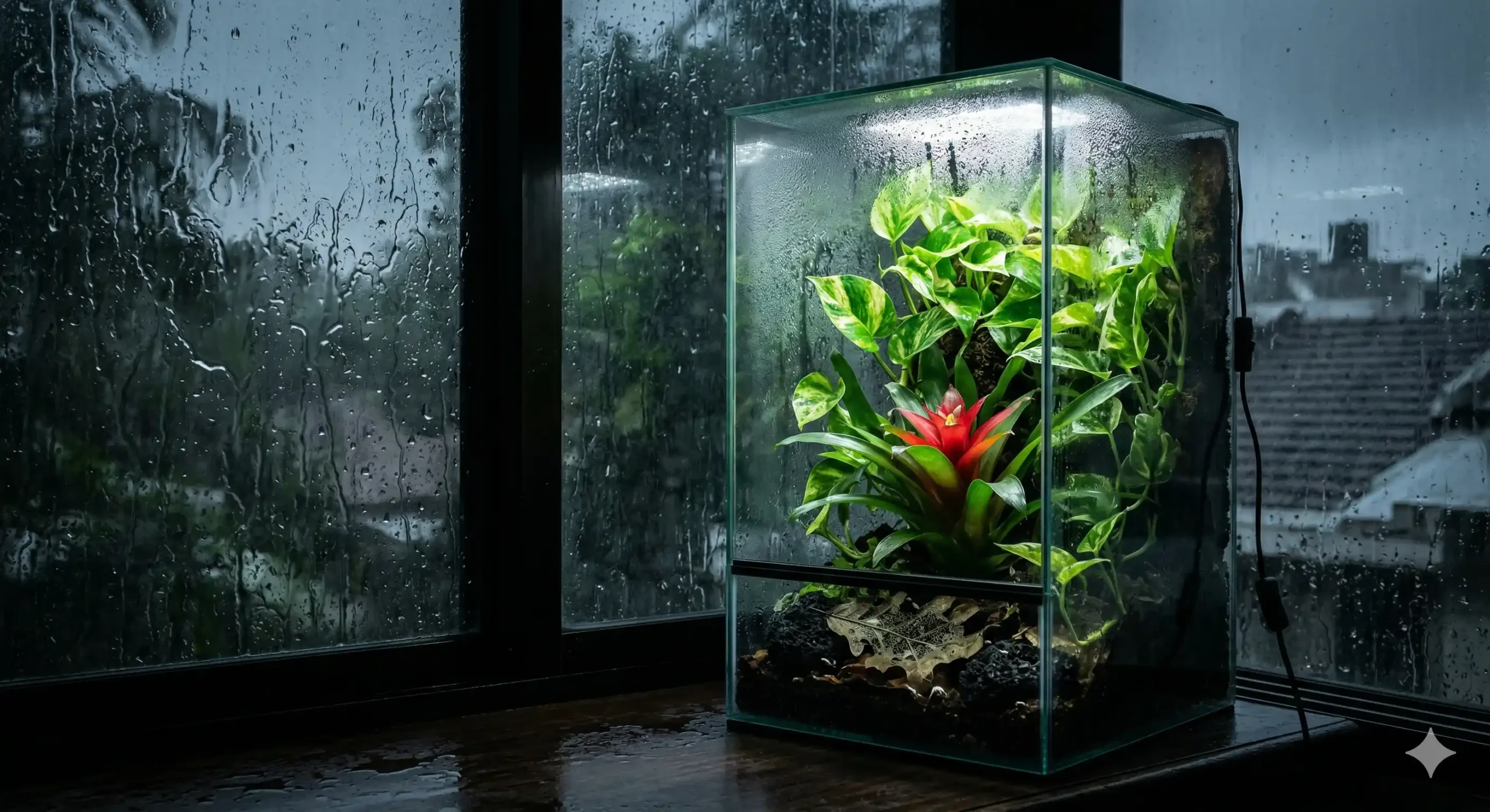 A lush terrarium glowing with LED light indoors while a heavy monsoon rainstorm occurs outside a nearby window.