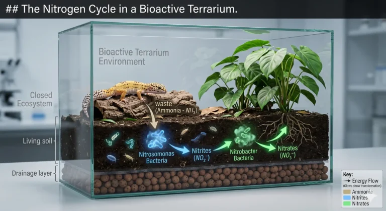 A scientific diagram illustrating how reptile waste converts into ammonia, nitrites, and nitrates, which are then absorbed by terrarium plants.