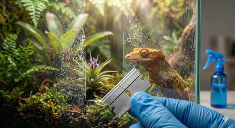 A close-up demonstrating how to safely use a razor blade at a 45-degree angle to scrape hard water stains off terrarium glass.