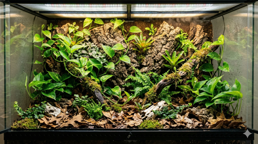A biologically healthy bioactive terrarium interior featuring deep substrate layers, oak leaf litter, cork bark, and vibrant climbing Pothos plants.